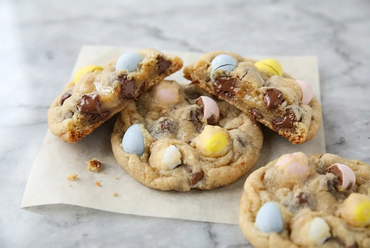 Brown butter Cadbury Egg Cookies with a hint of malted milk powder and pastel candy shells.