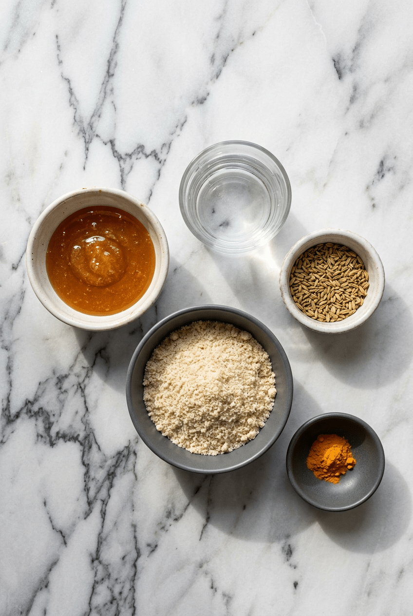 Flat lay of raw Canaan honey, fennel seeds, and coconut oil for the canaan honey trick recipe.
