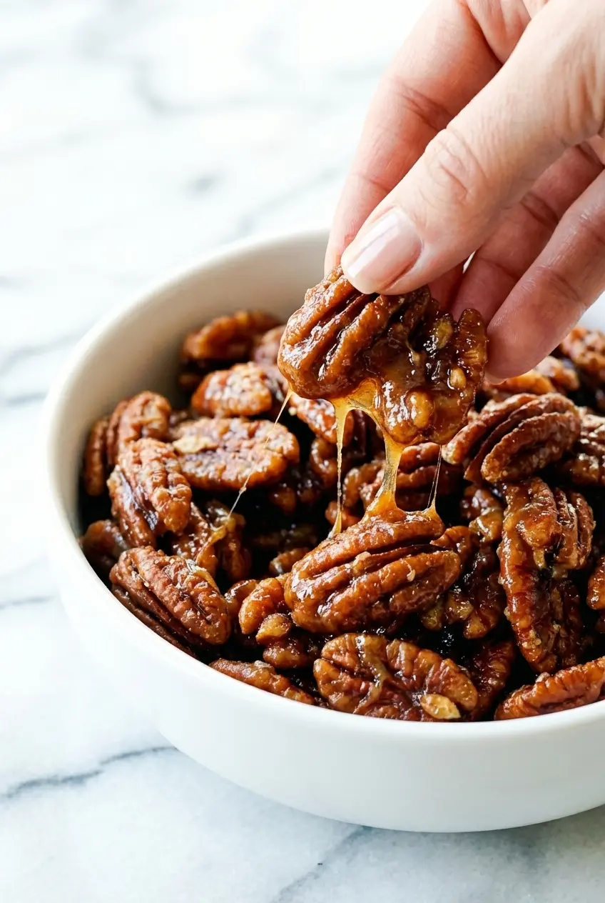 Close-up of glossy, caramel-coated Candied Nuts cooling on parchment paper to achieve a perfectly crisp shell.