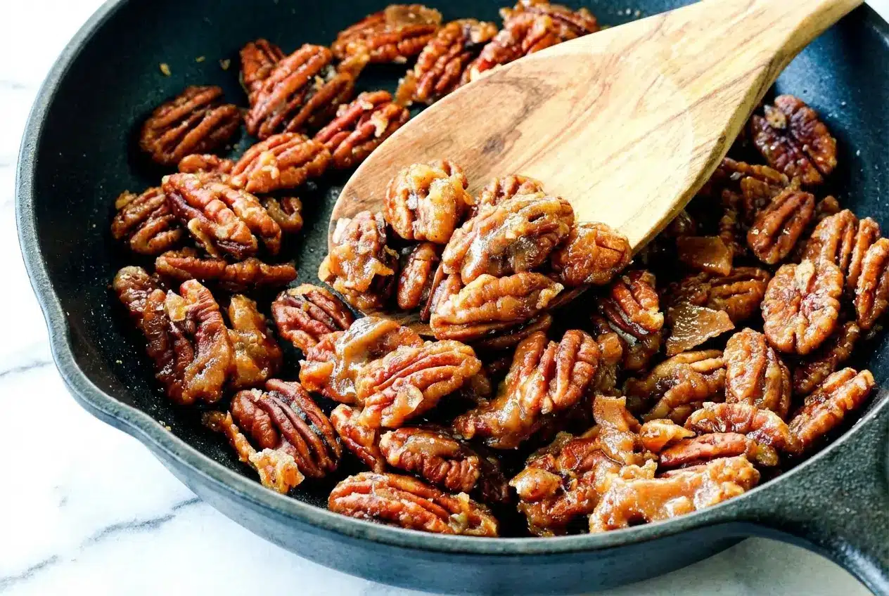 Golden brown Candied Nuts resting on parchment paper, coated in a glossy caramelization from a water and vanilla sugar glaze.