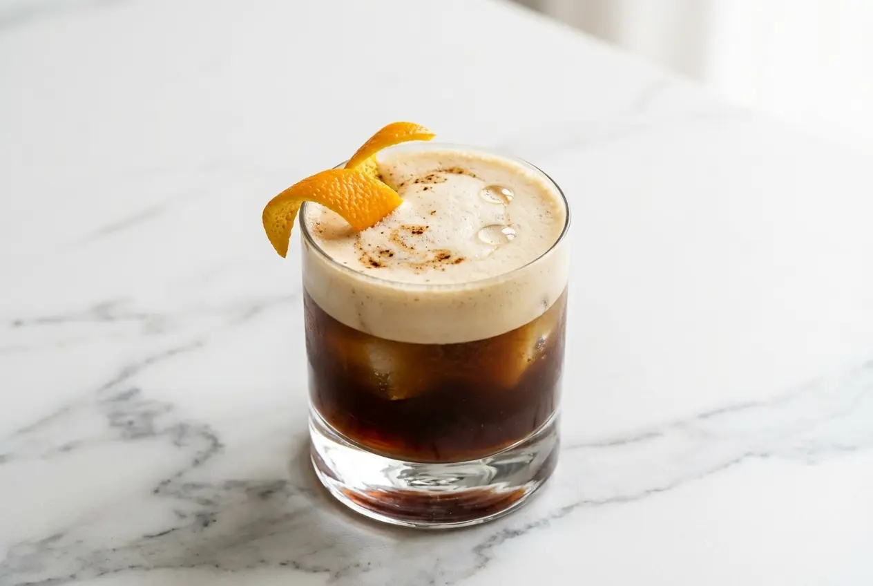 Frothy carajillo with tequila in a rocks glass, garnished with an expressed orange peel and a hint of molé bitters.
