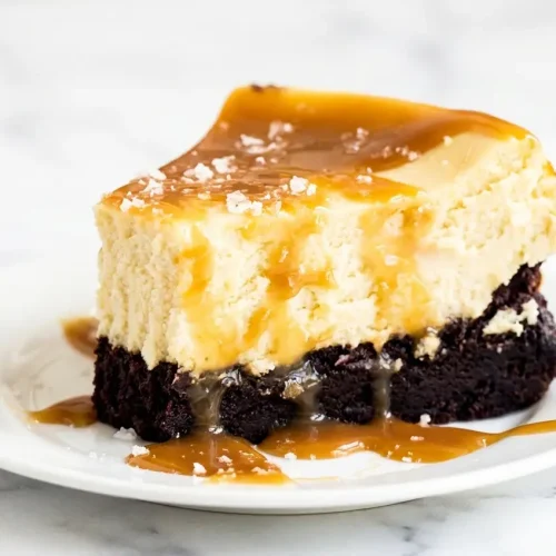 Caramel Brownie Cheesecake with a brown butter espresso base and thick salted caramel sauce topping.