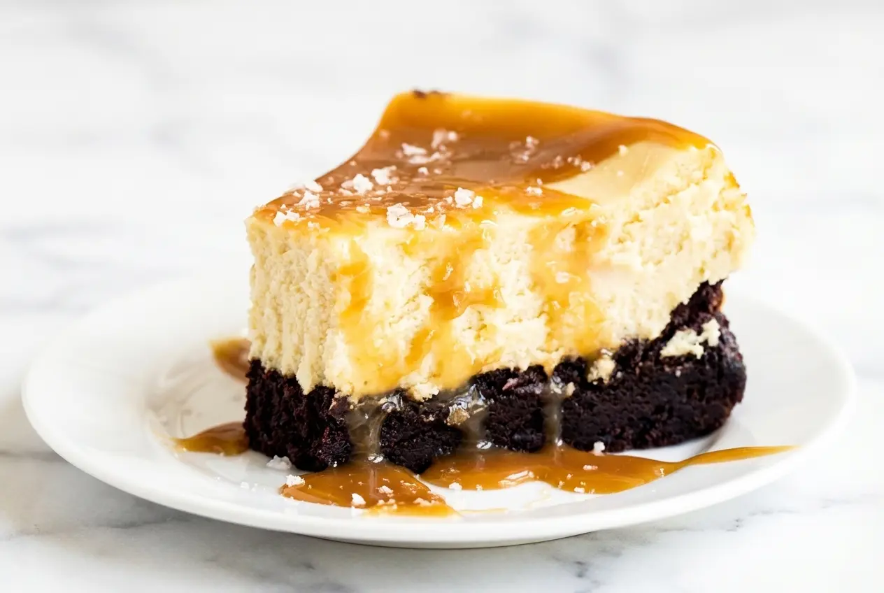 Caramel Brownie Cheesecake with a brown butter espresso base and thick salted caramel sauce topping.