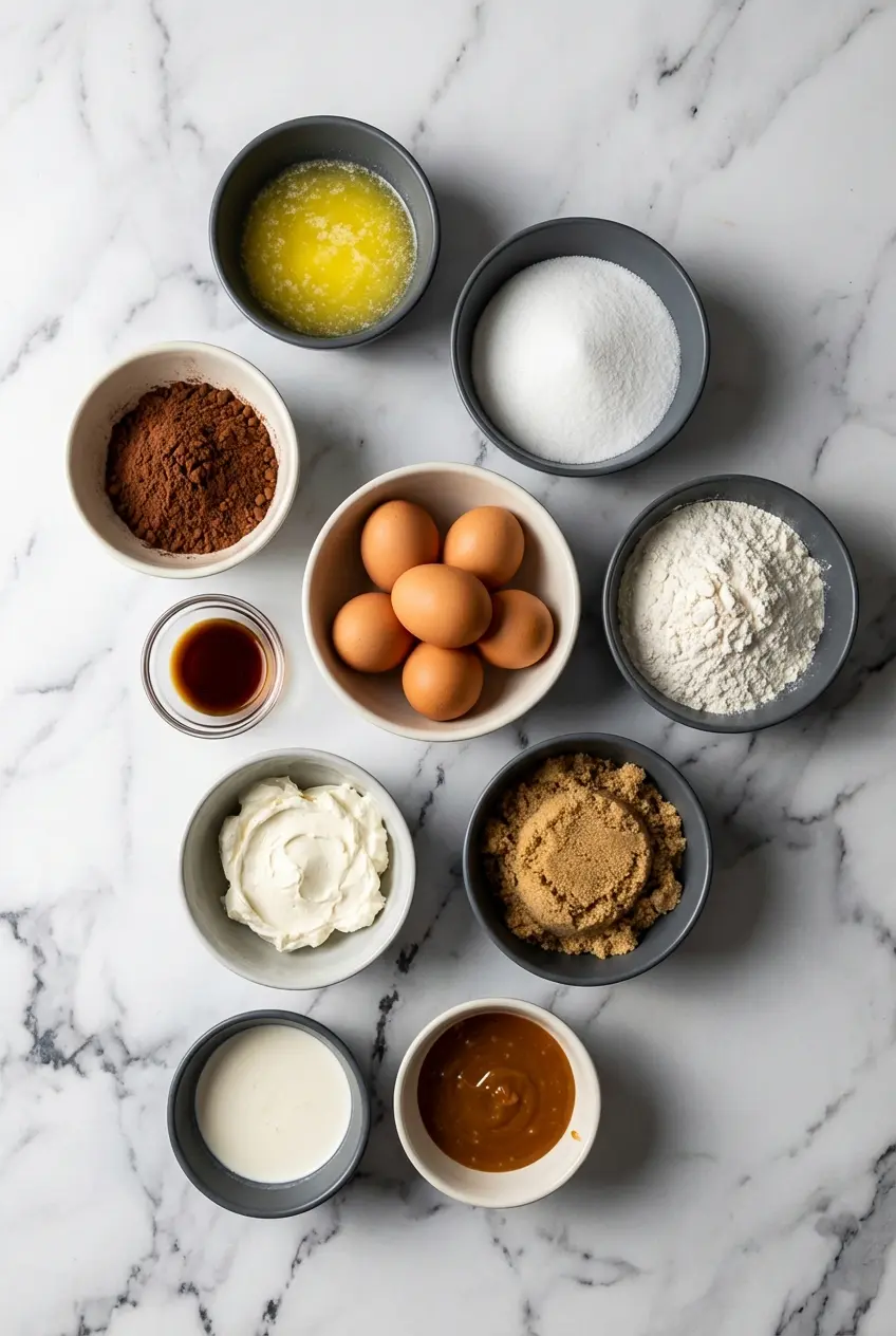Raw ingredients for Caramel Brownie Cheesecake featuring full-fat cream cheese, natural cocoa powder, and heavy cream.