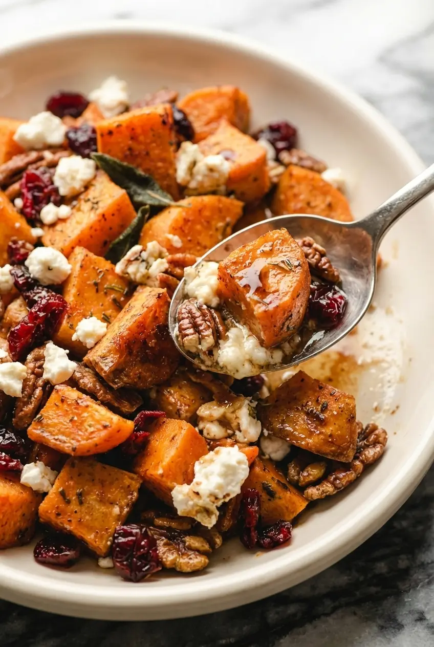 Close-up of roasted sweet potatoes and goat cheese highlighting golden caramelization and flaky sea salt.