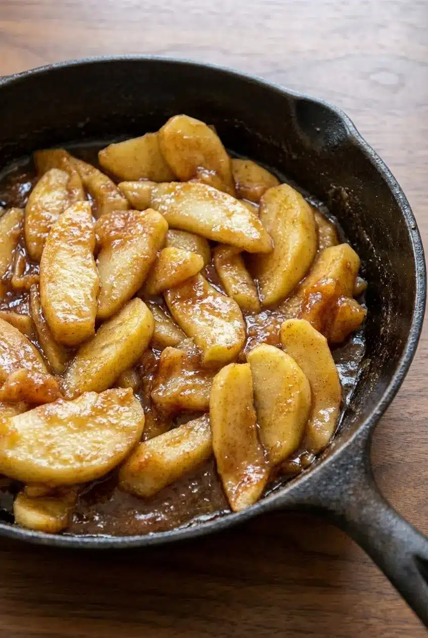 Golden southern fried apples achieving perfect caramelization in a seasoned cast iron skillet.