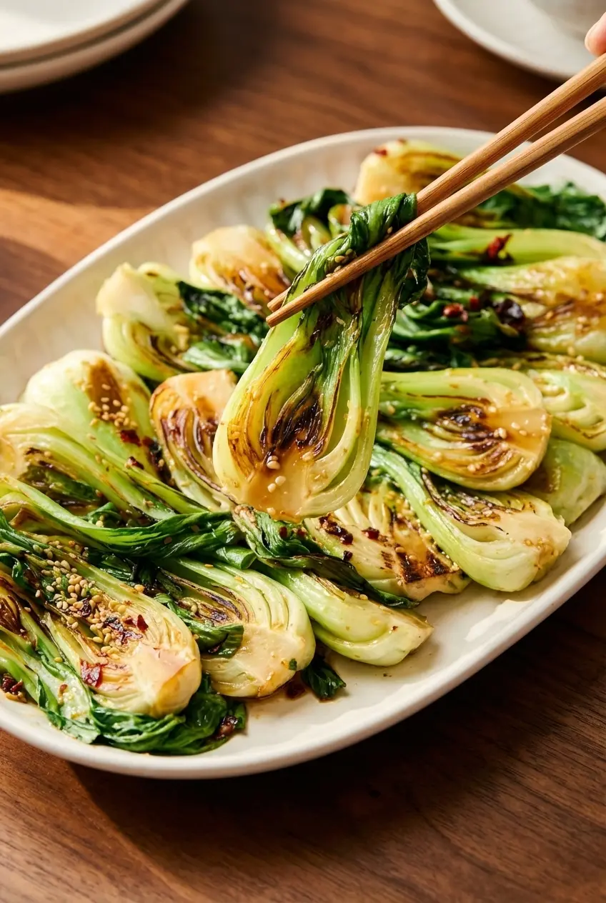 Close-up of the golden brown seared edges on leafy greens in our sauteed bok choy recipe.