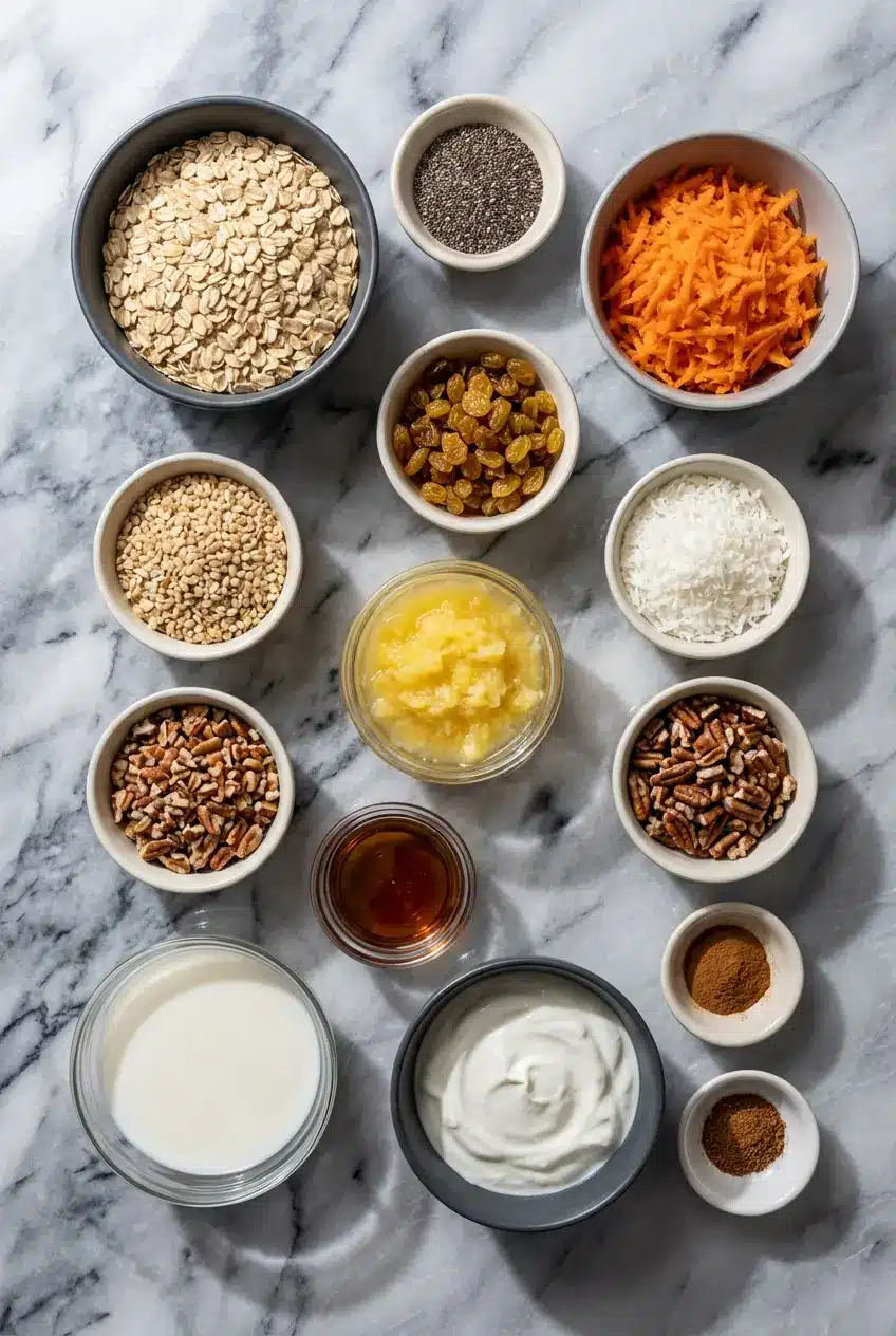 Flat lay of ingredients for carrot cake overnight oats including rolled oats, plant-based protein, and fresh carrots.