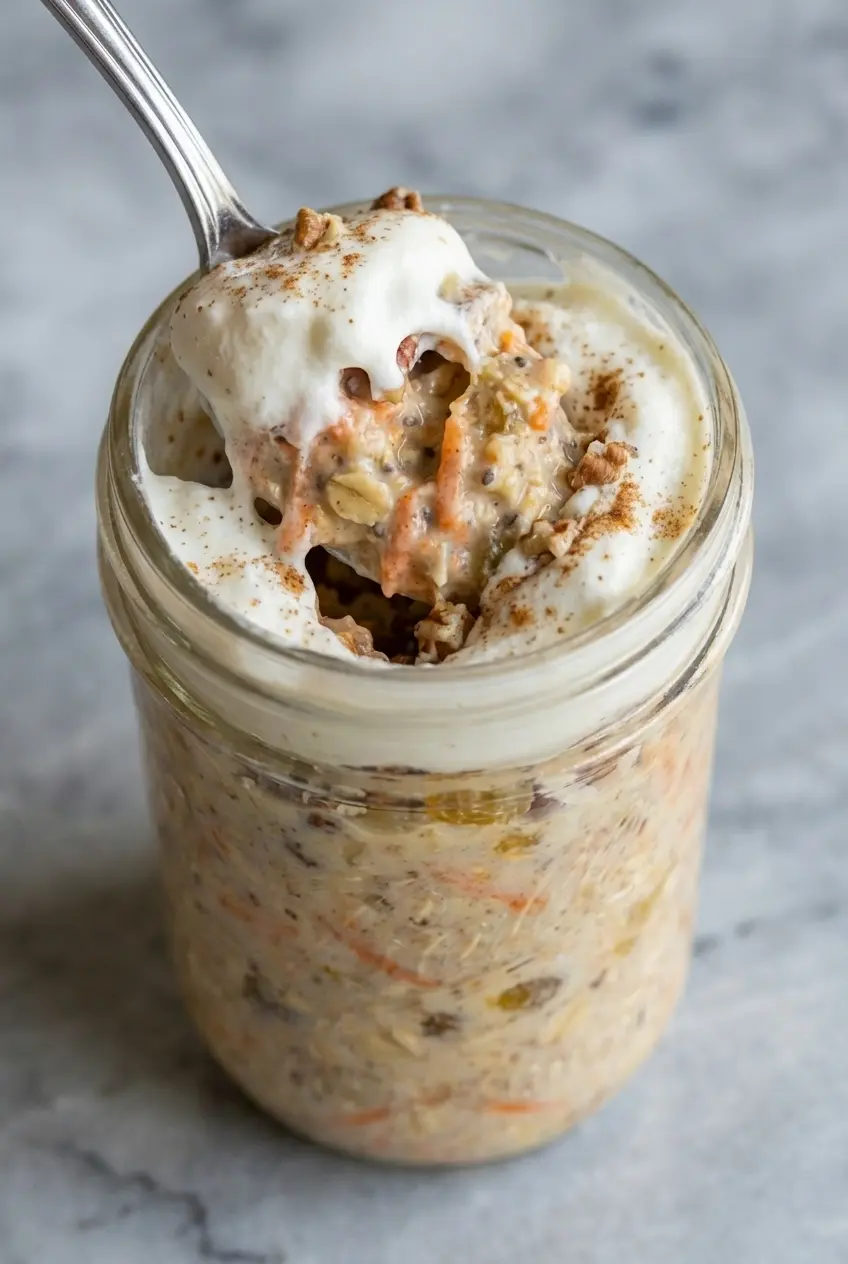 A spoonful of carrot cake overnight oats showing the thick, creamy texture of the soaked rolled oats.