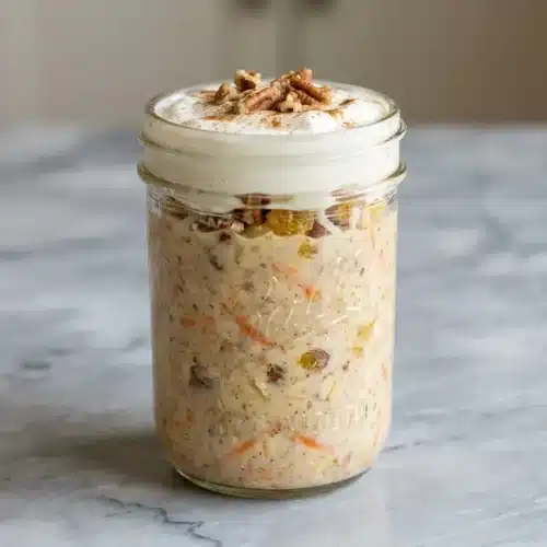 Carrot cake overnight oats in a jar topped with a thick, whipped cheesecake protein cap and chopped walnuts.