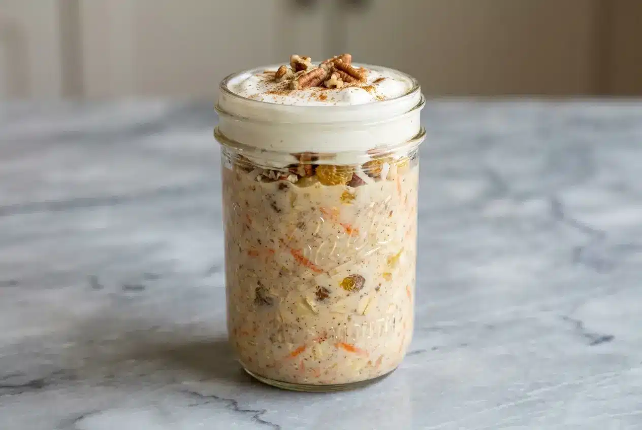 Carrot cake overnight oats in a jar topped with a thick, whipped cheesecake protein cap and chopped walnuts.