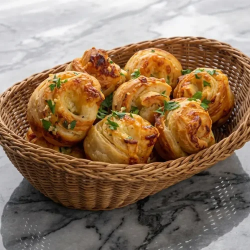Golden Cheesy Garlic Cruffins brushed with roasted garlic confit and smoked paprika in a muffin tin.