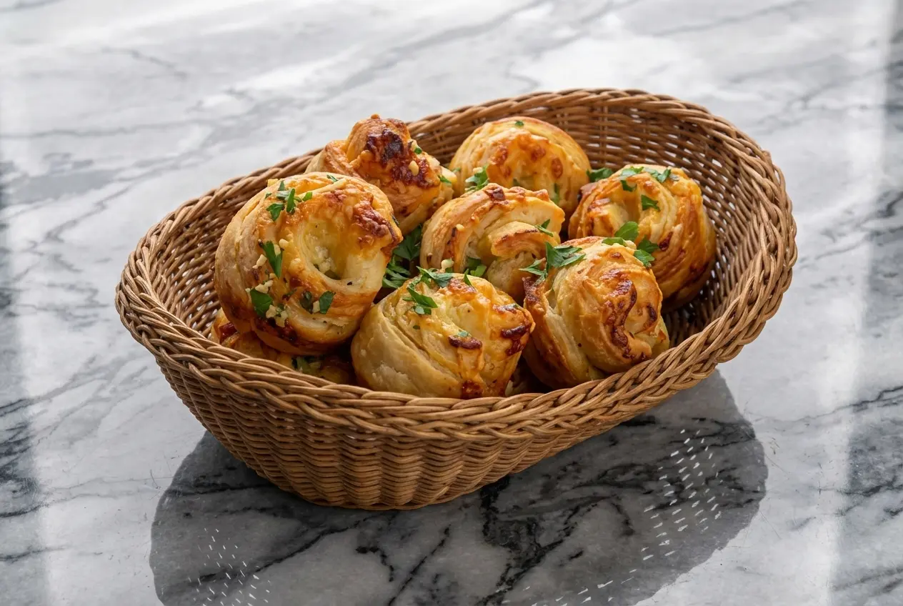 Golden Cheesy Garlic Cruffins brushed with roasted garlic confit and smoked paprika in a muffin tin.