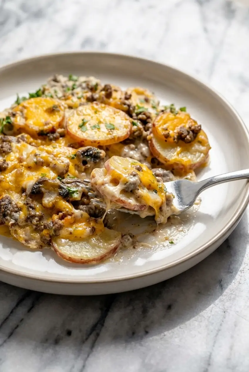 Close-up of the perfectly browned cheese topping on a cheesy hamburger potato casserole, highlighting the Maillard reaction.