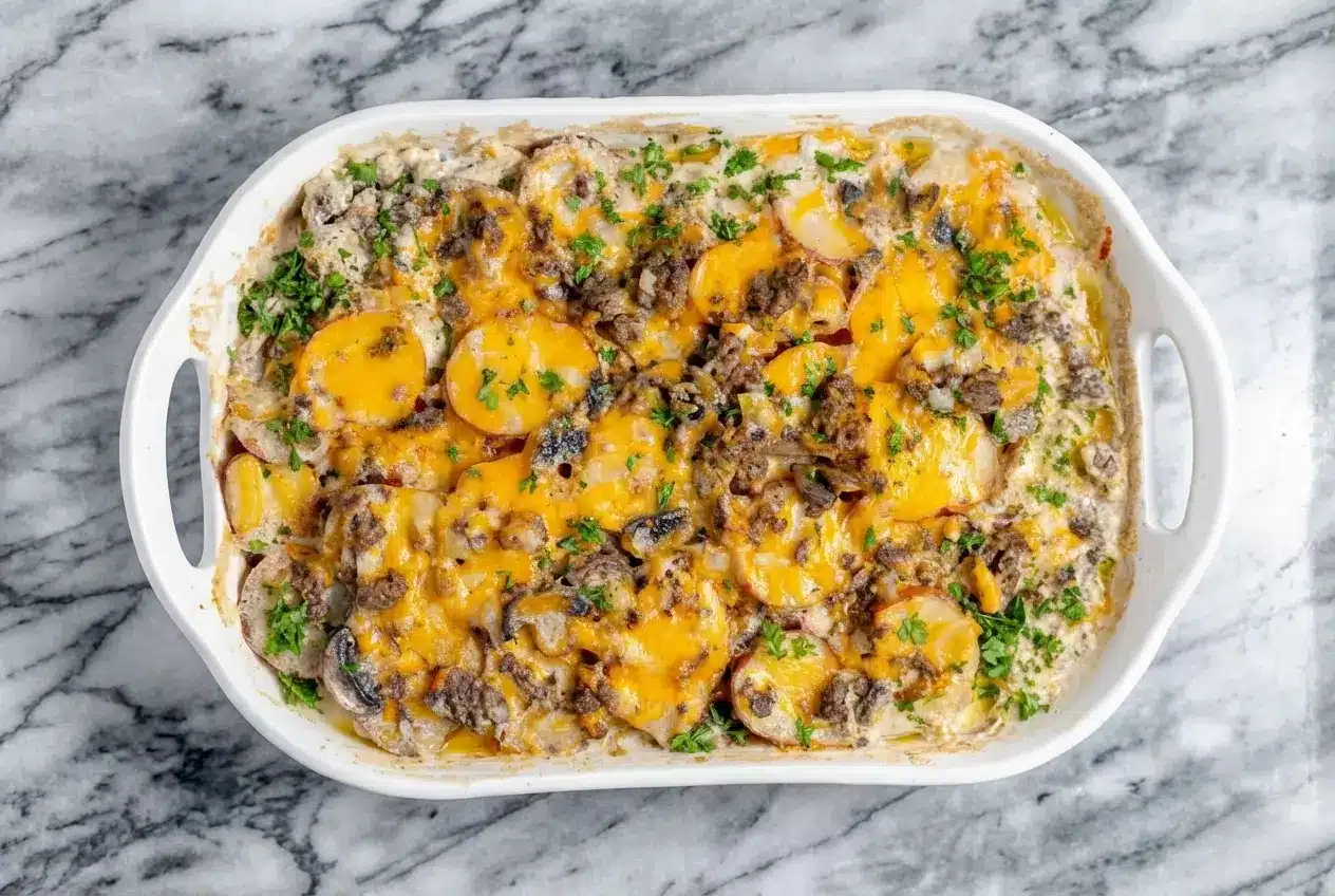 Golden cheesy hamburger potato casserole in a dish, with a savory sauce infused with tangy Dijon and Worcestershire.