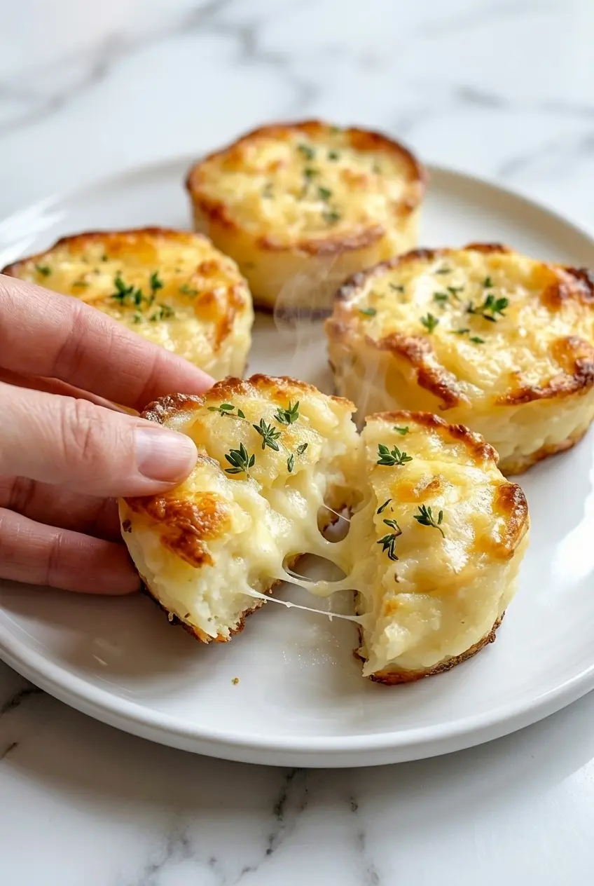 A close-up of beautifully lifted Cheesy Mashed Potato Puffs showing their airy, baked texture and crisp golden edges.