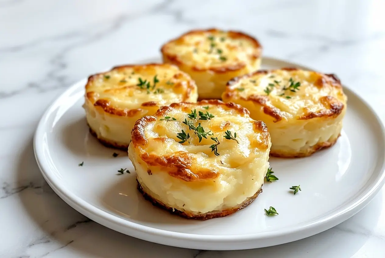 Golden brown Cheesy Mashed Potato Puffs made with gruyere and baking powder for extra lift, served on a rustic plate.
