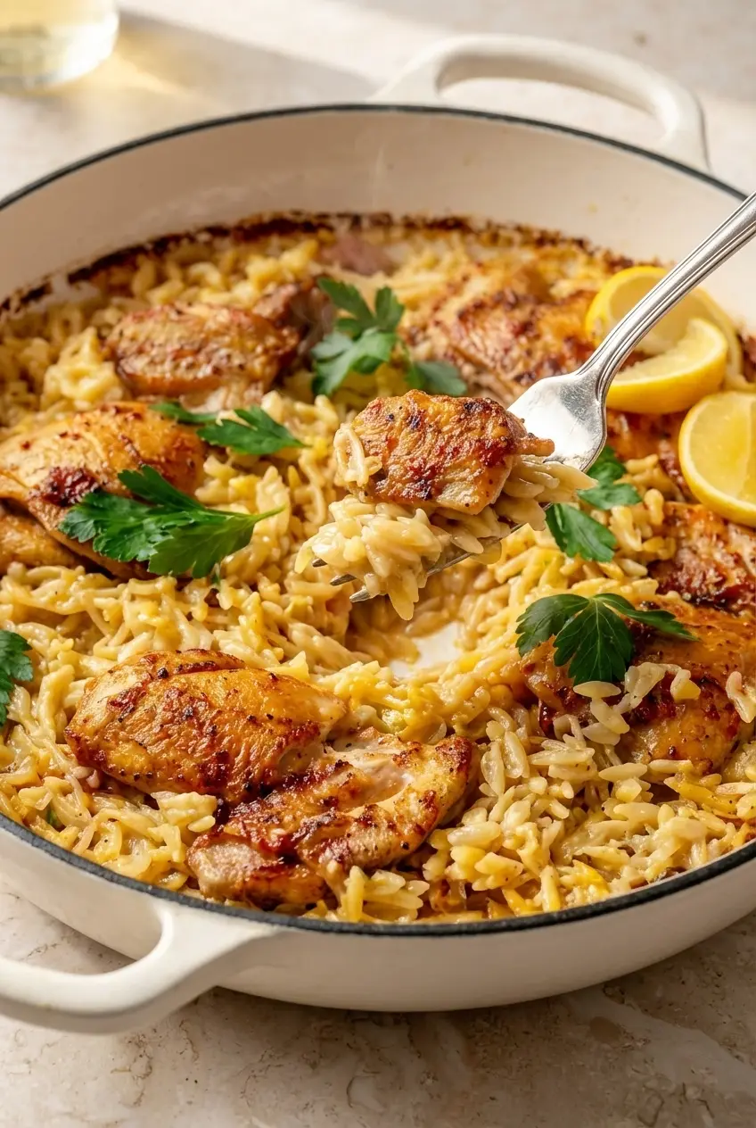 Stirring simmering Creamy Lemon Chicken Orzo in a Dutch oven to release starches and build a rich fond.