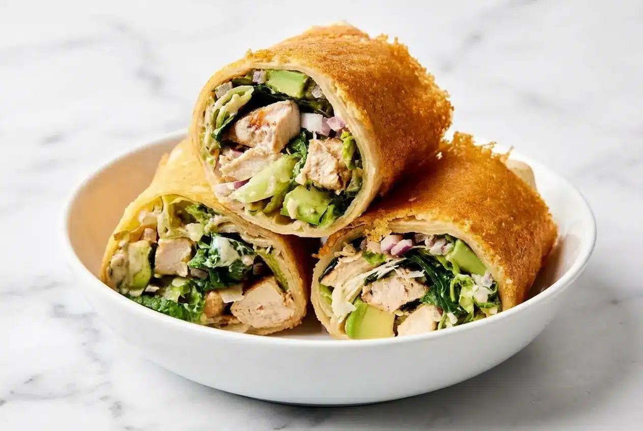 Golden pan-seared chicken caesar wrap sliced in half showing a double-crunch breadcrumb layer and Greek yogurt dressing.