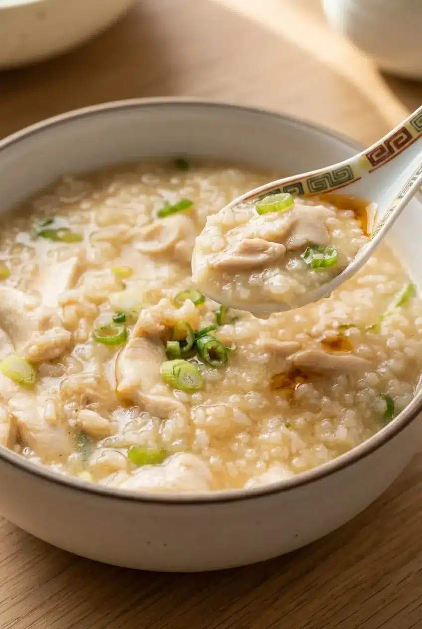Steaming pot of the chicken congee recipe showing the velvety rice porridge texture achieved through the frozen rice hack.