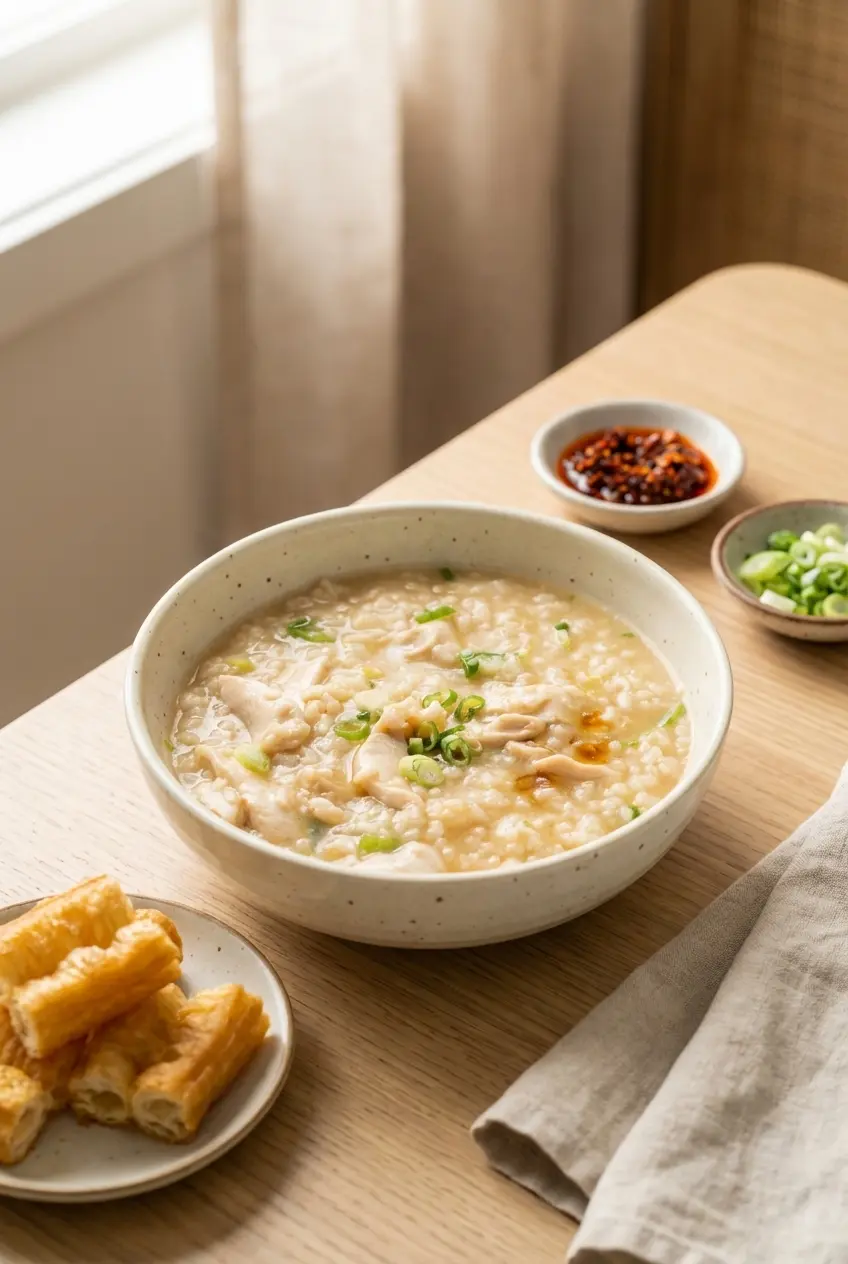 Meal prep containers filled with the chicken congee recipe, garnished with fresh ginger and a drizzle of sesame oil.