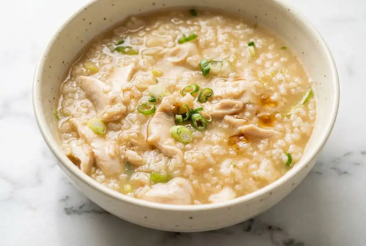 Creamy bowl of our chicken congee recipe made with collagen-rich bone broth and frozen rice, garnished with fresh scallions.