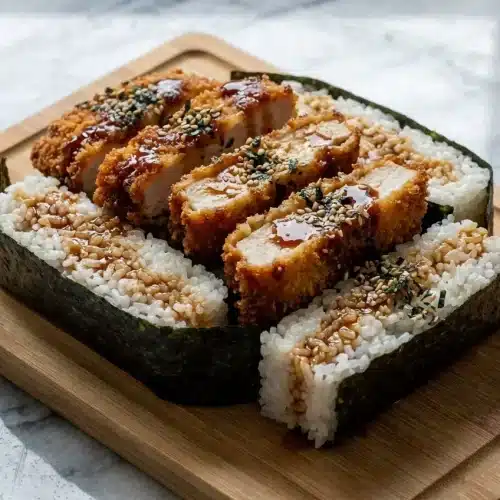 Chicken Katsu Musubi featuring a crispy fillet coated in a glossy double-drip glaze over seasoned sushi rice.