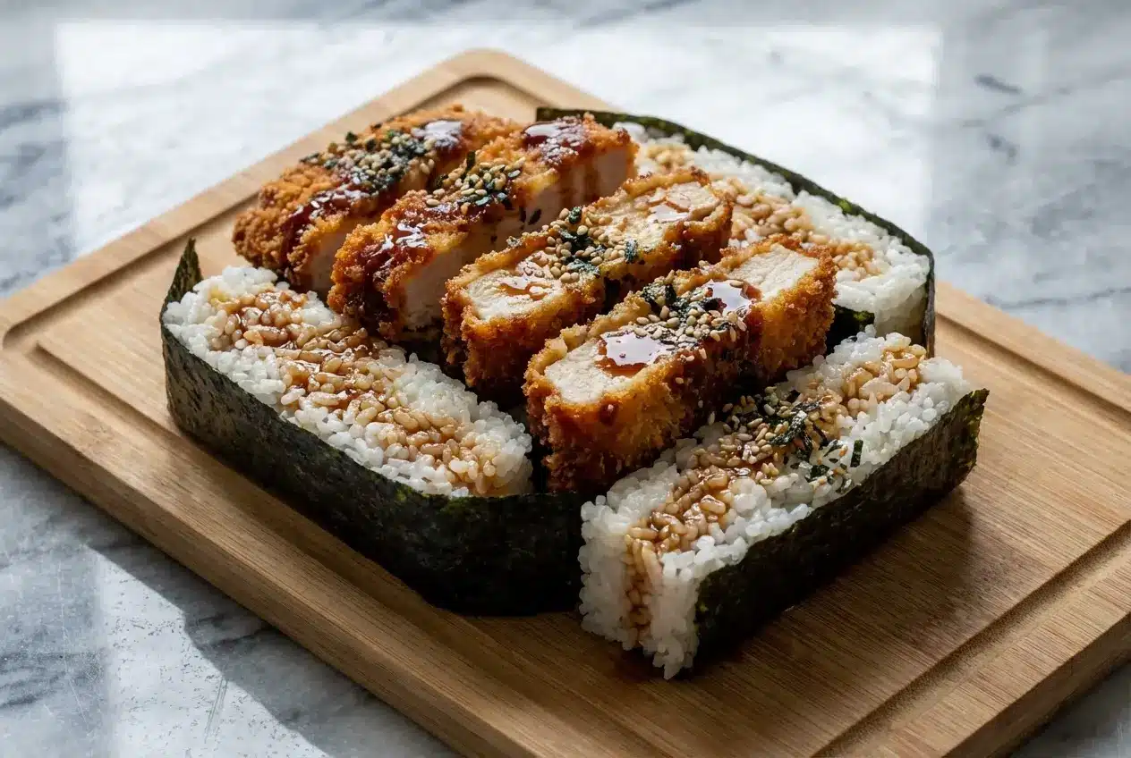 Chicken Katsu Musubi featuring a crispy fillet coated in a glossy double-drip glaze over seasoned sushi rice.