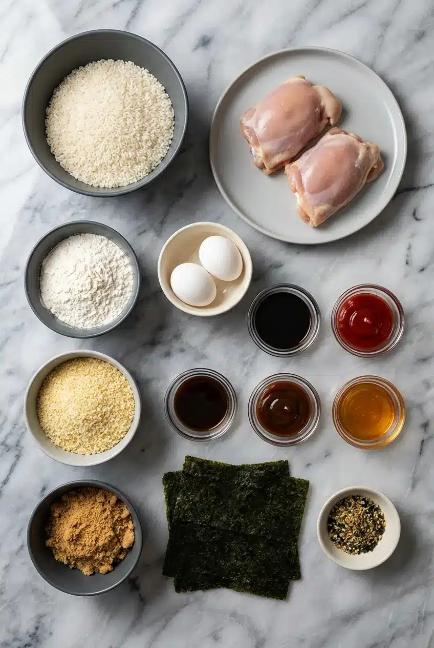 A flat lay of short-grain rice, panko breadcrumbs, nori seaweed, and shoyu for making Chicken Katsu Musubi.