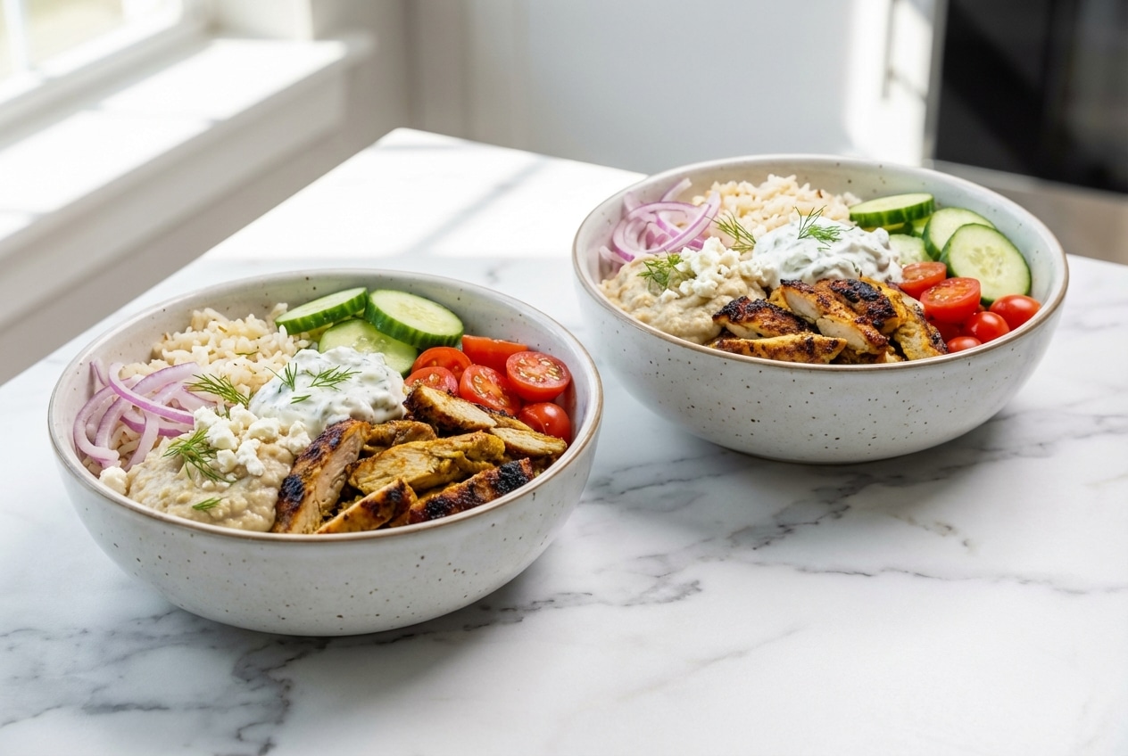 A colorful chicken shawarma bowl featuring jasmine rice, hummus, and fresh salad, topped with pan-seared chicken strips with crispy edges.