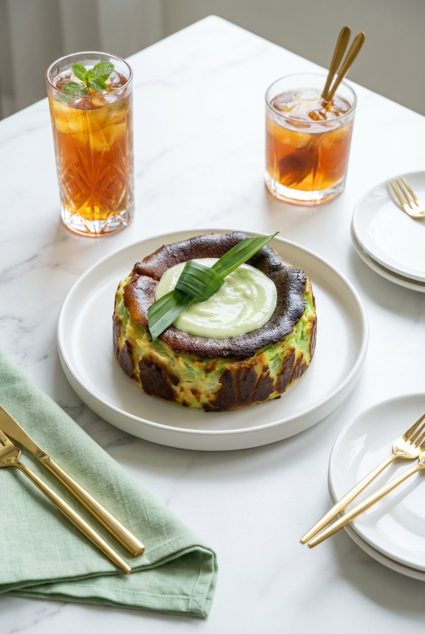 Chilled slices of pandan basque cheesecake served on ceramic dessert plates with cups of hot tea for an afternoon treat.