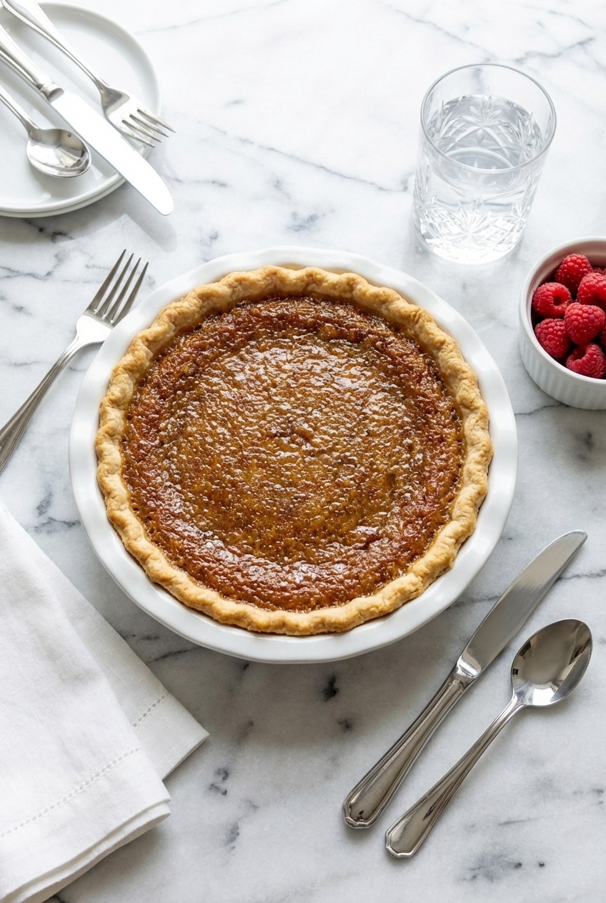A chilled slice of this brown butter vinegar pie recipe served on a vintage ceramic plate with a fork resting alongside.
