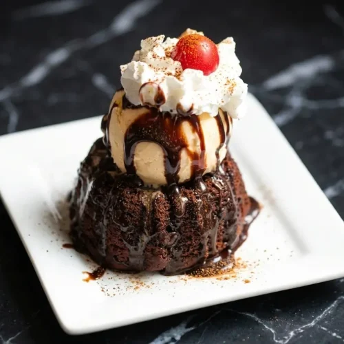 Decadent chilli chocolate lava cake oozing molten chocolate, spiced with espresso, cinnamon, and a pinch of cayenne pepper.