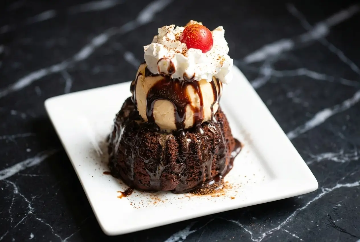 Decadent chilli chocolate lava cake oozing molten chocolate, spiced with espresso, cinnamon, and a pinch of cayenne pepper.