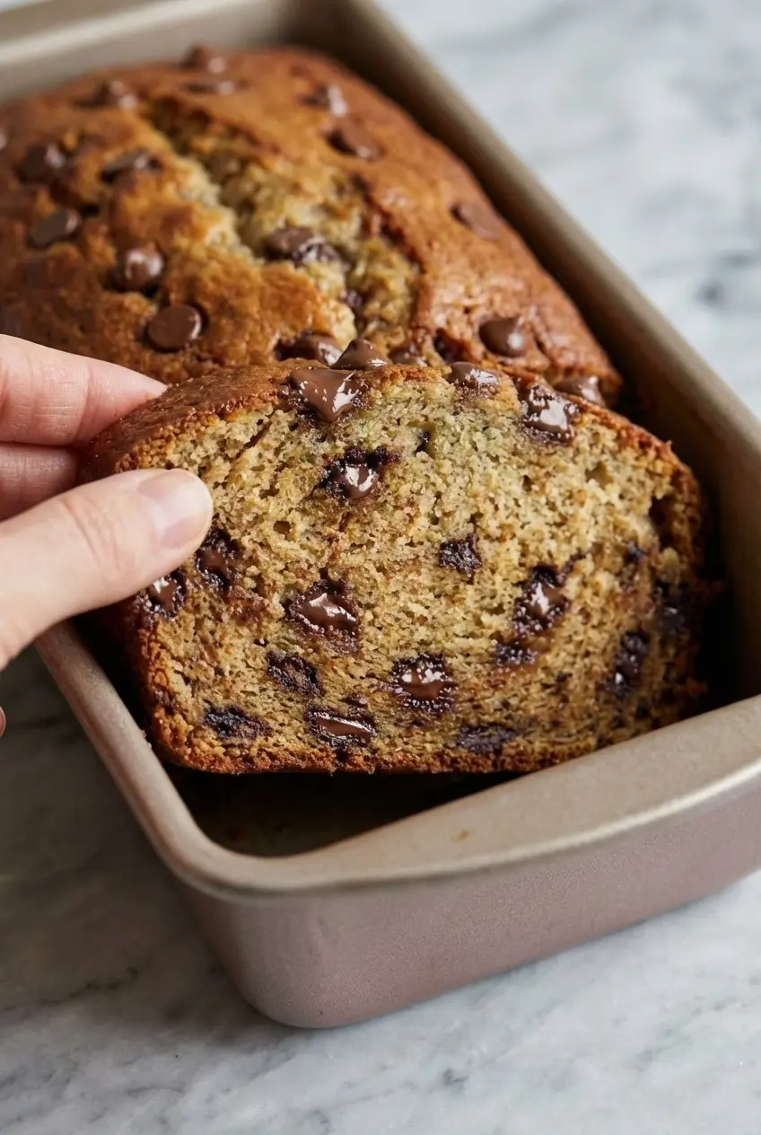 Close-up of chocolate chip banana bread crumb highlighting caramelization and the Maillard reaction.
