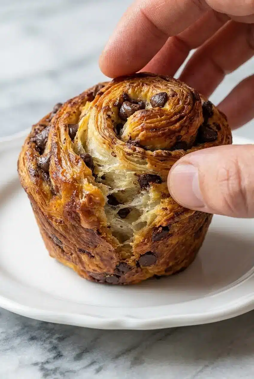 Close-up of crispy lamination folds on Chocolate Chip Cruffins showing a perfect Maillard reaction.