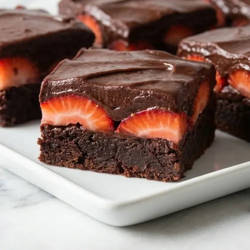 Chocolate Covered Strawberry Brownies featuring a strawberry jam layer and decadent dark chocolate ganache.