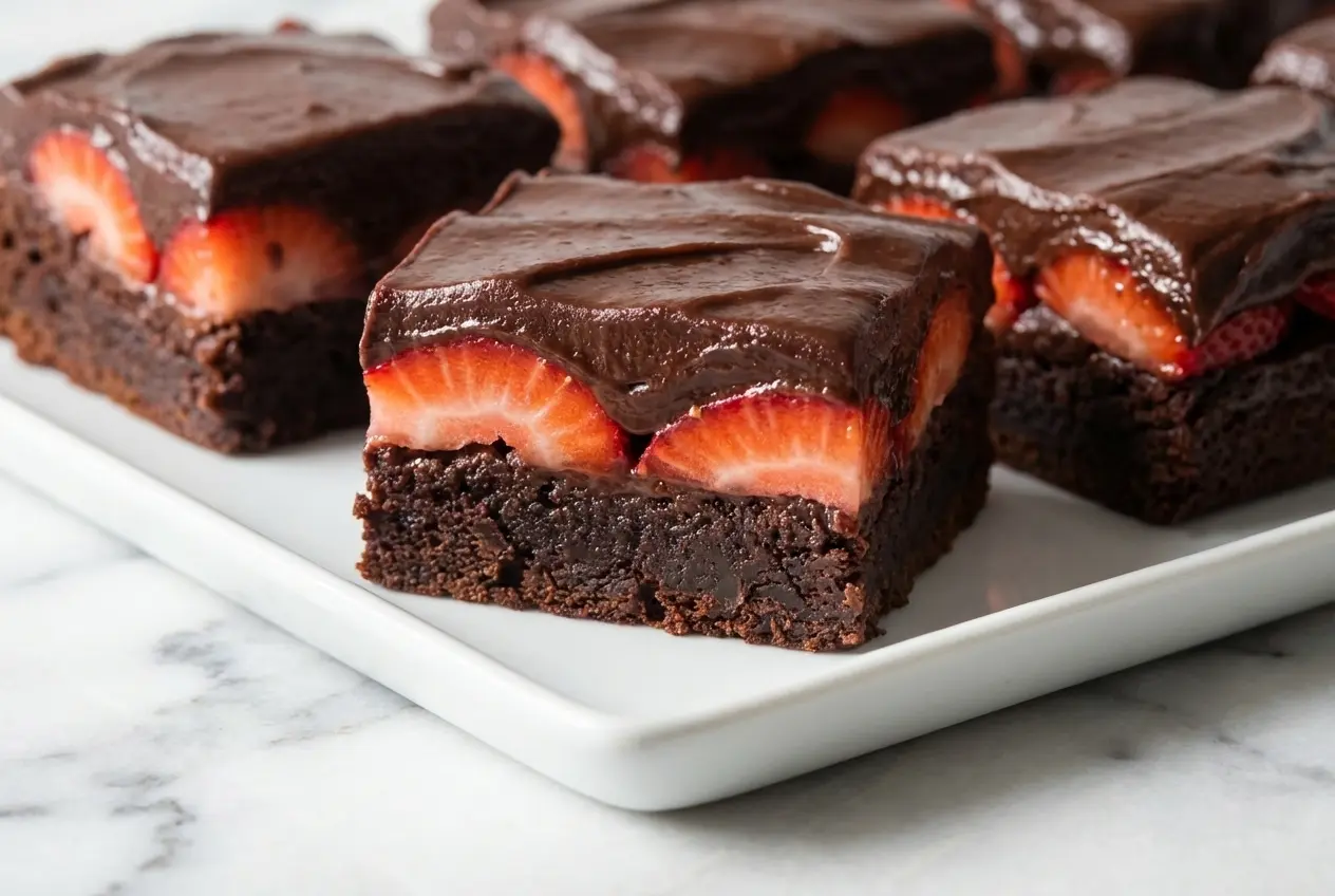 Chocolate Covered Strawberry Brownies featuring a strawberry jam layer and decadent dark chocolate ganache.