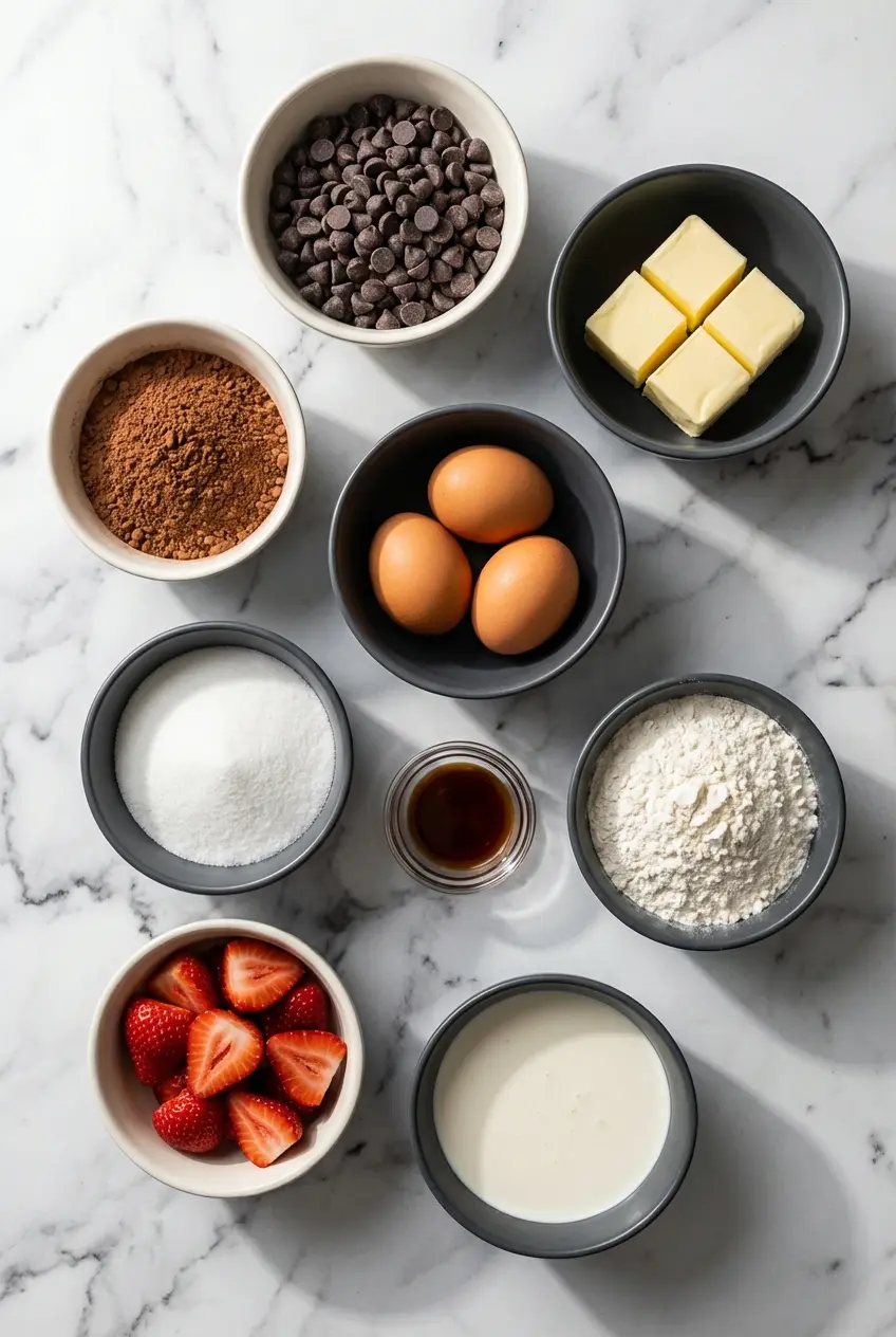 Ingredients for Chocolate Covered Strawberry Brownies including unsweetened cocoa powder, fresh strawberries, and heavy cream.