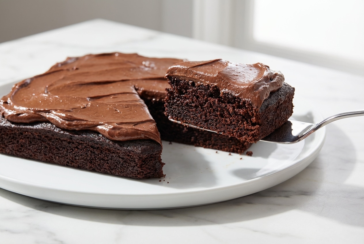 A slice of chocolate mayonnaise cake on a white plate, topped with a thick, glossy layer of brown butter chocolate frosting.