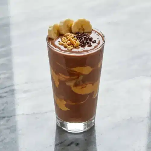 Creamy chocolate peanut butter banana smoothie topped with crunchy cacao nibs and a hint of espresso powder.