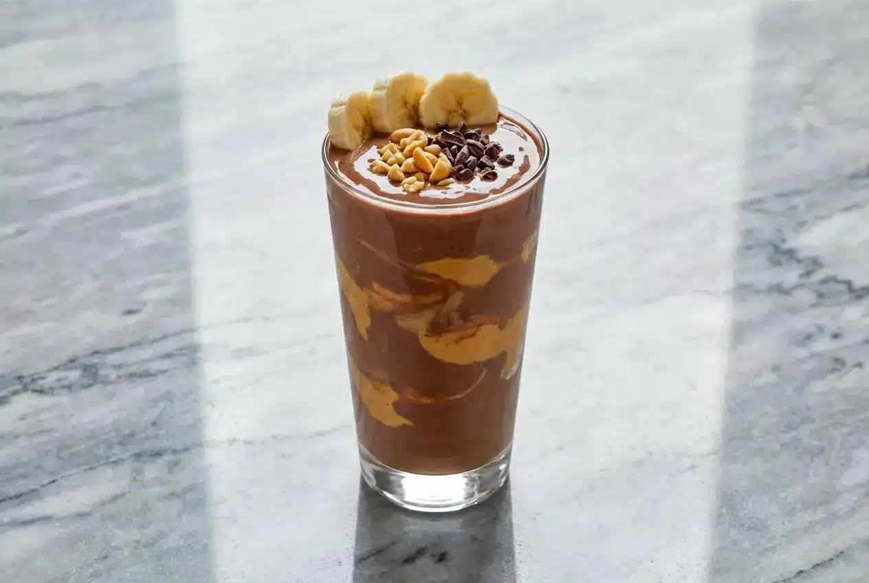 Creamy chocolate peanut butter banana smoothie topped with crunchy cacao nibs and a hint of espresso powder.