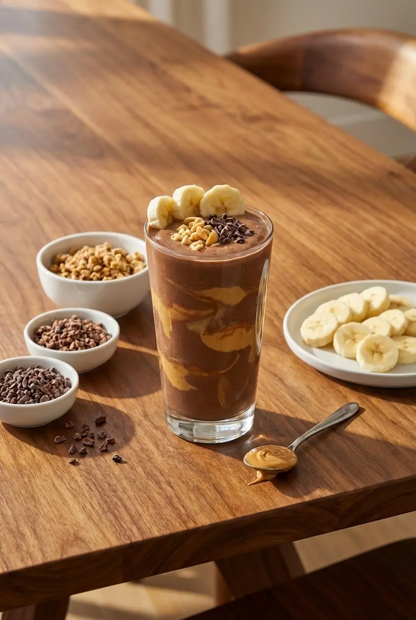 A chocolate peanut butter banana smoothie in a glass jar ready to be served for a quick breakfast.