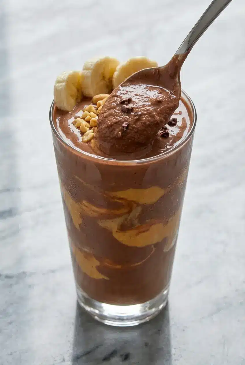 Close-up of the thick, frosty texture of a chocolate peanut butter banana smoothie with visible cacao nib flecks.