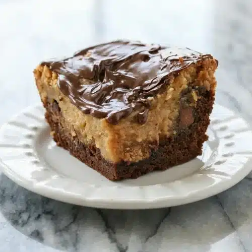 Chocolate Peanut Butter Ooey Gooey Butter Cake with a rich brown butter base and melted peanut butter cup centers.
