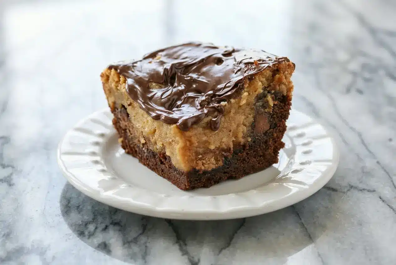Chocolate Peanut Butter Ooey Gooey Butter Cake with a rich brown butter base and melted peanut butter cup centers.