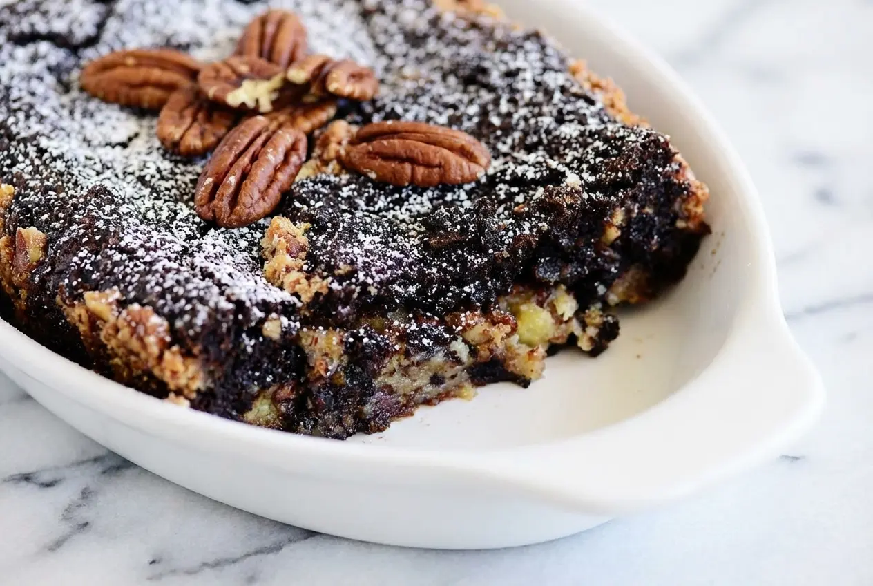 Chocolate Pecan Ooey Gooey Butter Cake with a nutty brown butter crust and sea salt toasted pecans.