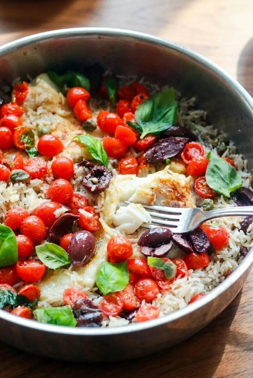 Thick, flaky white cod rests on a bed of golden basmati for the perfect one-pan rice with fish recipe.