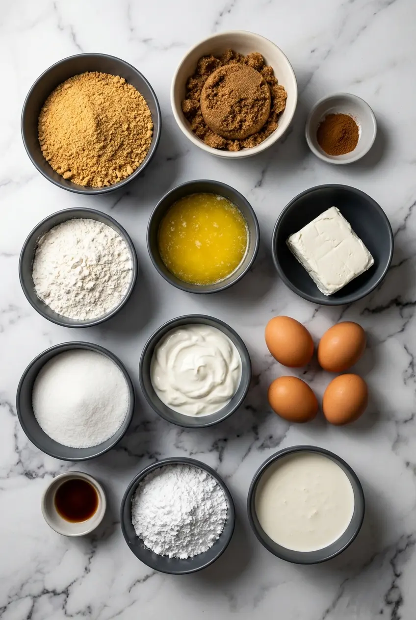 Flat lay of ingredients for cinnamon roll cheesecake including room temperature cream cheese, brown sugar, and cardamom.