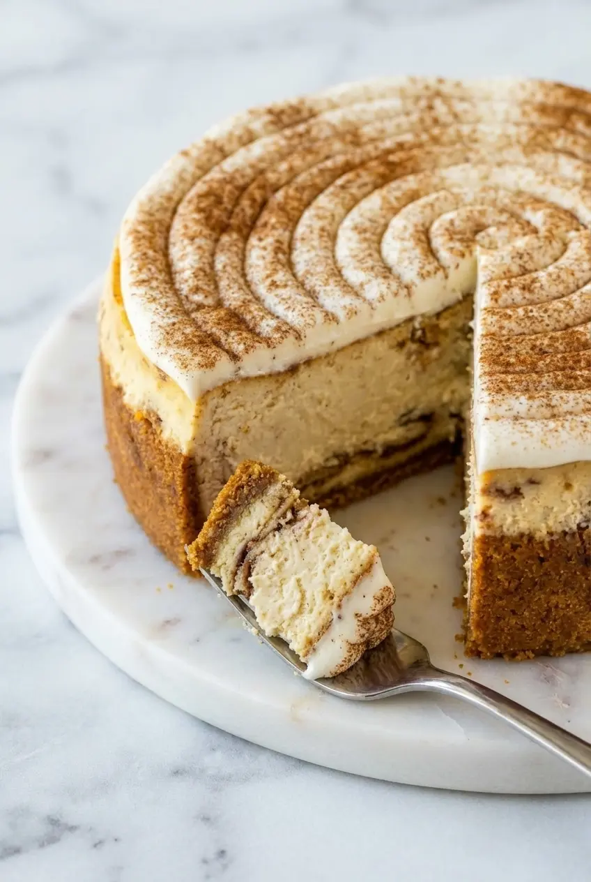 Close-up of the velvety cinnamon roll cheesecake texture showing the intricate brown sugar cinnamon swirl.